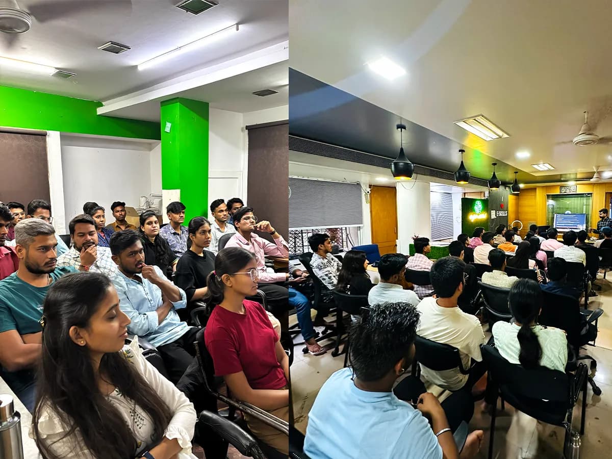 A trainer teaching a live class at the E-Skills Web Indore campus